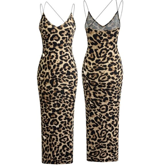 LAST ONE Uber Sexy Wild Print Spaghetti Strap Bodycon Tea Length Pencil Dress - Picture 7 of 9